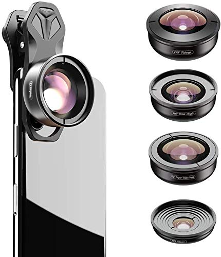 Apexel 5-in-1 Handy-Kamera-Objektiv-Set: 2 x Teleobjektiv + 195 Fischaugen + 110 Grad Weitwinkel + 10 x Marco + 170 Super Weitwinkel für iPhone, Samsung etc.