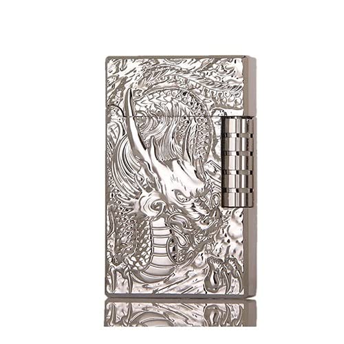 MQJ Antike Stil Clamshell Feuerzeug, Seite Gleitzündungsrad Feuerzeug, Kreative Metallgeprägte Dragon Sound Zigarettenanzünder, einstellbare weiche Flamme Nachfüllbar Butananzünder (Color : Silber)