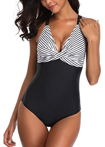 AOQUSSQOA Damen Badeanzug Einteilege Leopardenmuster Bademode Figurformend Bauchweg Bikini Große Größe Strandmode (Stripe, L)
