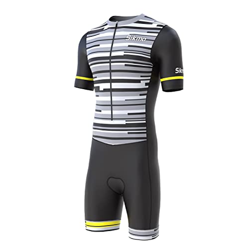 Herren Radsportanzug Gel Gepolstert Einteiler Trisuit Bike Top Kurz Sublimiertes Design, schwarz / grau, S