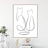 Zwei Katzen Single Line Malerei Wand Leinwand Kunstdruck Schwarz-Weiß-abstraktes Poster moderne minimalistische Dekoration 40x60cmx1 Stück rahmenlos