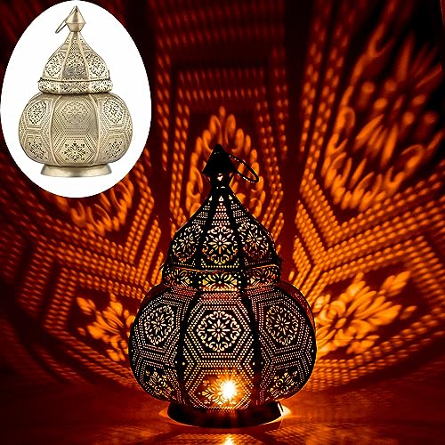 Marrakesch Lampe und Laterne in einem aus Metall 30 cm groß | Tischlampe Windlicht Mahana Gold als Orientalische Dekoration
