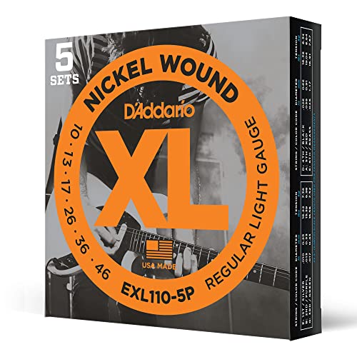D'Addario Gitarrensaiten – XL Nickel E-Gitarrensaiten – EXL110-5P – perfekte Intonation, gleichmäßiges Spielgefühl, zuverlässige Haltbarkeit – für 6-saitige Gitarren – 10-46 Regular Light, 5er-Pack