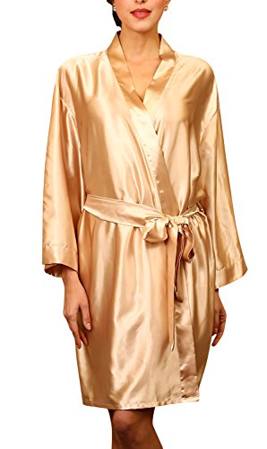 Dolamen Unisex Damen Herren Morgenmantel Kimono, Satin Nachtwäsche Bademantel Robe Kimono Negligee Seidenrobe locker Schlafanzug, Büste 132cm, 51,97 Zoll, große Größe für alle (Gold)