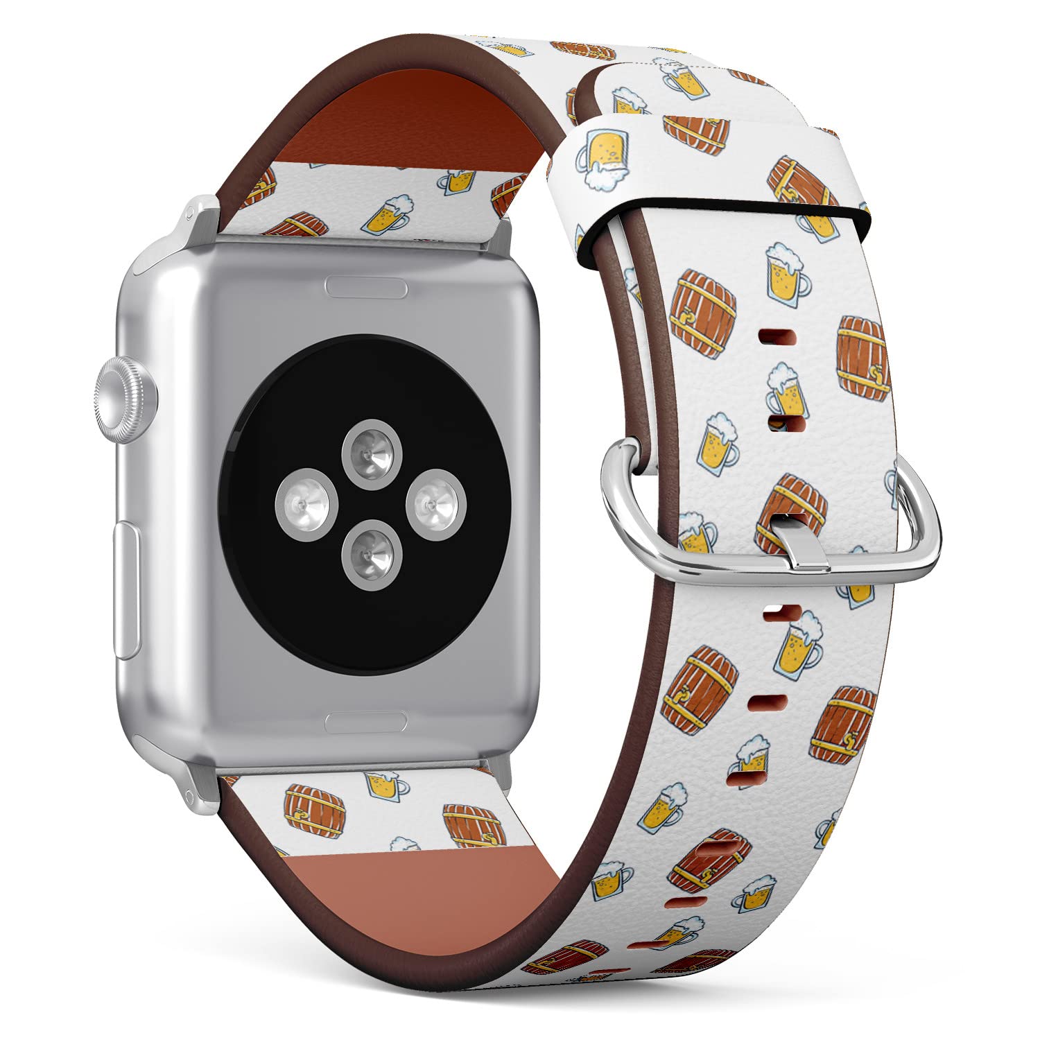 IKIKI-TECH Kompatibel mit Apple Watch Armband 42 mm, 44 mm, 45 mm, 49 mm (Oktoberfest Bierfässer Glasbecher-Muster), Ersatzarmband aus veganem Leder für iWatch Series 8, 7, 6, 5, 4, 3, 2, 1 Ultra SE