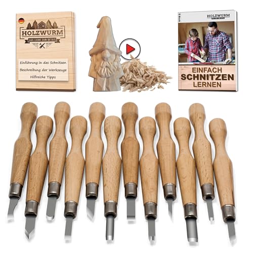 HOLZWURM Holz-Schnitzwerkzeug-Set - 12 Stück SK7 Schnitzmesser-Set für Holz, Gemüse & Obst…