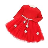 Baby Partykleid Langarm Strick Tutu Kleid Infant Princess Tüll Kleid mit Stern Bund Baumwollmischung Rock für Kinder(80-rot)