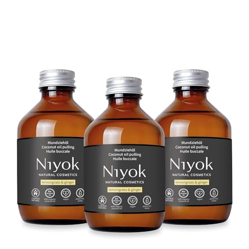 Niyok® Mundziehöl aus Bio Kokosöl "Zitronengras & Ingwer" (3x200ml) • Mundspülung mit ätherischen Ölen • Kokos Ölziehkur gegen Karies, Zahnstein & Mundgeruch • Vegan Zahnöl für Ölziehen