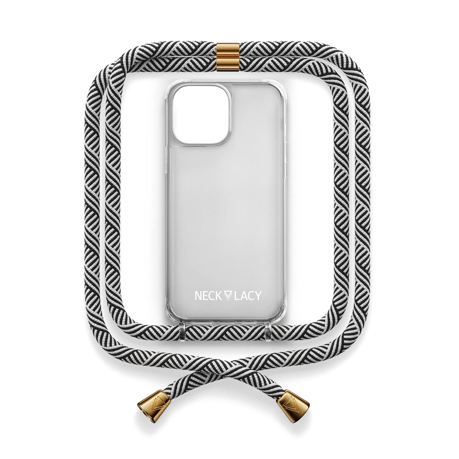 NECKLACY® - Die Premium Handykette für Apple iPhone 14 in Domino Swirl | transparente Handyhülle mit hochwertiger Kordel zum Umhängen - Smartphone Crossbody Case