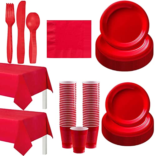 Botiniv Rote Einfarbige Pappteller-Sets | 142-teilige Bunte Teller, Geburtstagsfeierzubehör, Pappteller, Servietten, Tassen, Besteck Und Tischdecken, Bestecksets, Partyzubehör