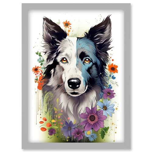 Border Collie Dog Pict Scotland Blue Basant Face Bright Artwork Portrait with Wildflowers Artwork Framed Wall Art Print A4