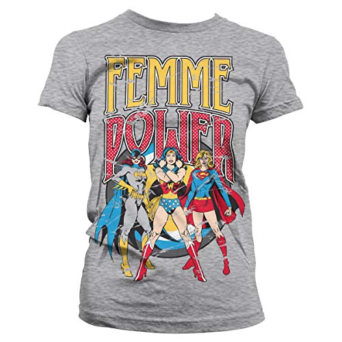 Wonder Woman Femme Power Damen T-Shirt Offiziell Lizenziert (Grau, XL)