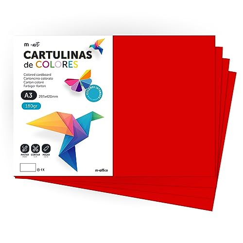 Cartulina de Colores, Cartulina A3, Folios Colores 180gr, Bloc cartulina colores intensos, Ideal para Manualidades, Imprimir tus Documentos y Diseños Creativos · m-office (200 Hojas, Rojo Oscuro)