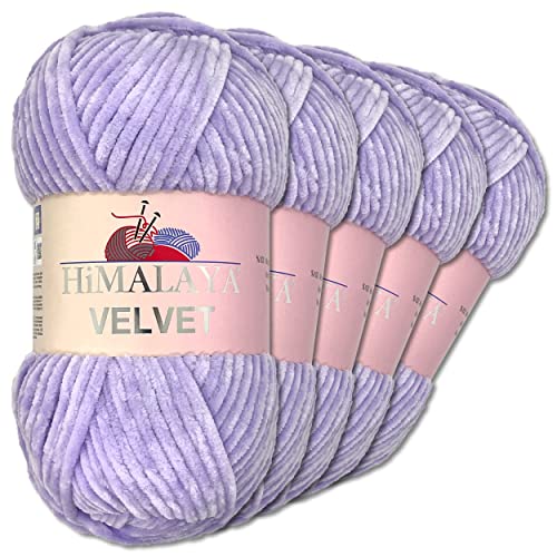 Wohnkult Himalaya 5 x 100 g Velvet Dolphin Wolle 40 Farben zur Auswahl Chenille Strickgarn Glanz Flauschgarn Accessoire Kleidung (90005 | Flieder)