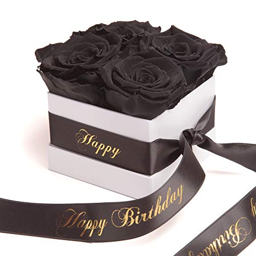 ROSEMARIE SCHULZ Heidelberg Flowerbox Happy Birthday - Weiße Rosenbox mit Infinity Rosen haltbar 3 Jahre - Geburtstagsgeschenk für Frauen (Happy Birthday, Weiß-Schwarz)