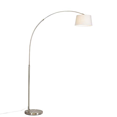 QAZQA - Moderne Bogenleuchte | Bogenlampe | Lampe | Leuchte mit weißem Stoffschirm - Arc Basic | Wohnzimmer - Stahl Rund - LED geeignet E27