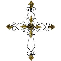 Wandkreuz groß Schmiedeeisen Schwarz Gold Wand-Kruzifix Kreuz Antik-Stil 60cm