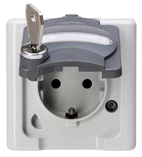 Kopp 103500001 AP Schuko Blue Electric - Schutzkontakt-Steckdose mit Klappdeckel und Sicherheitsschloss Nr. 20, Farbe: grau