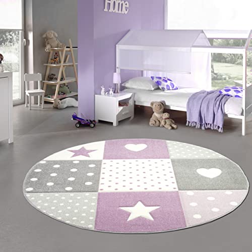 Kinderteppich Teppich Kinderzimmer mit Stern Herz in Lila Grau Creme Größe 160 cm Rund