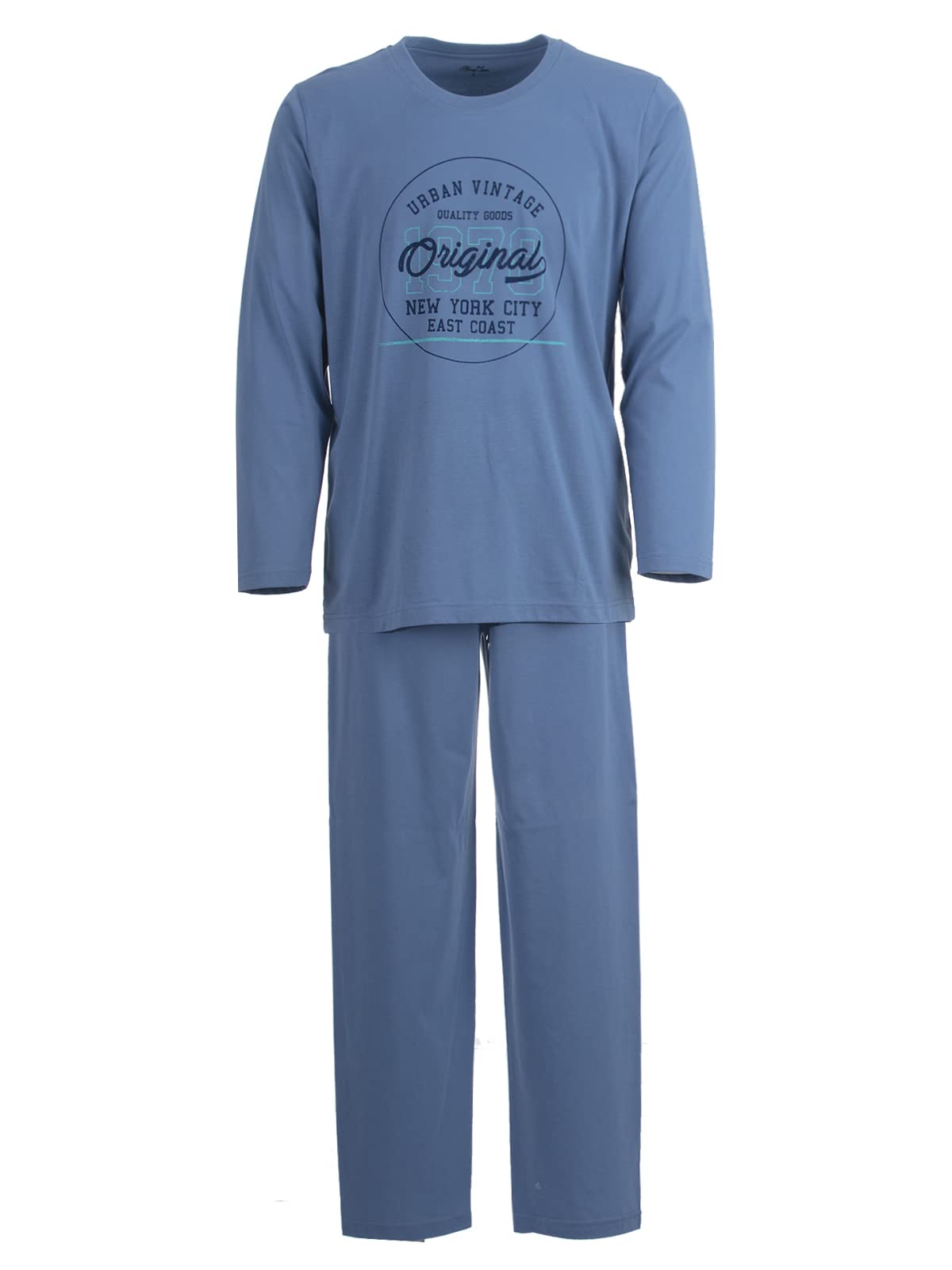 LUCKY Herren Pyjama lang Schlafanzug Pyjama Set Druck Motiv, Farbe:Blau, Größe:L