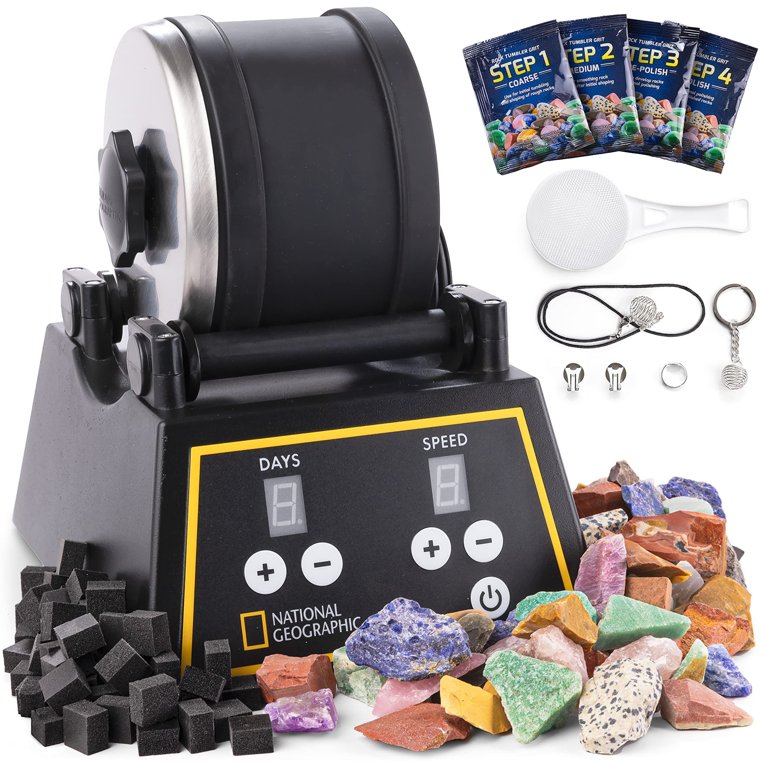 National Geographic Professionelles Rock Tumbler Kit - Rock Polisher für Kinder und Erwachsene, komplettes Rock Tumbler Kit mit haltbarem Becher, Felsen, Körnung und unserem neuen GemFoam Polierer