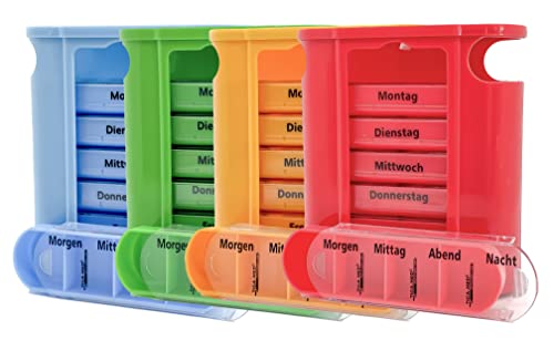 Medikamentendosierer Tablettenbox 4er Set (=4Stück - jede Farbe 1x) Pillenbox Pillendose 7 Tage Medikamenten Dosierer Spender Original Tiga-Med Qualität