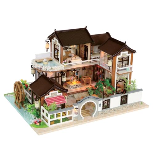 Crafts&Co® DIY Miniature Haus mit Möbeln | DIY Puppenhaus Erwachsene | Hölzernes Puppenhaus-Kit | Holz Mini Haus Modell mit Licht | 1:18 | Nostalgisches Dorf