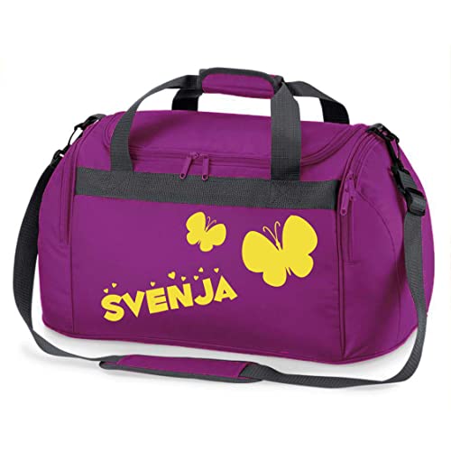 Kinder-Sporttasche mit Namen Bedruckt | Personalisierbar mit Motiv Schmetterling | Reisetasche Duffle Bag zum Umhängen für Mädchen (lila)