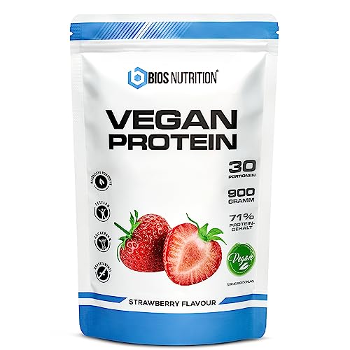 BIOS Nutrition Vegan Protein ERDBEERE 900gr - 4k-Proteinpulver - pflanzliches Eiweißpulver ohne Laktose & ohne Soja - Made in Germany (Erdbeere)