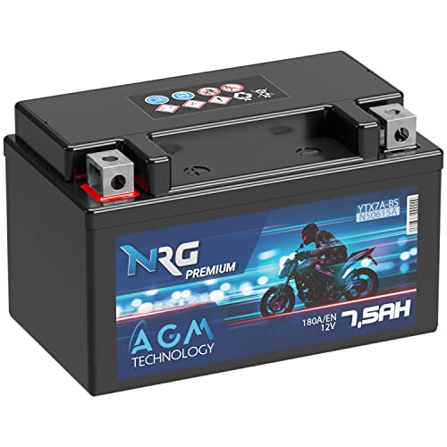 NRG Premium YTX7A-BS AGM Motorradbatterie 7,5Ah 12V 180A/EN Batterie 50615 CTX7A-BS JMTX7A-BS auslaufsicher wartungsfrei ersetzt 7Ah