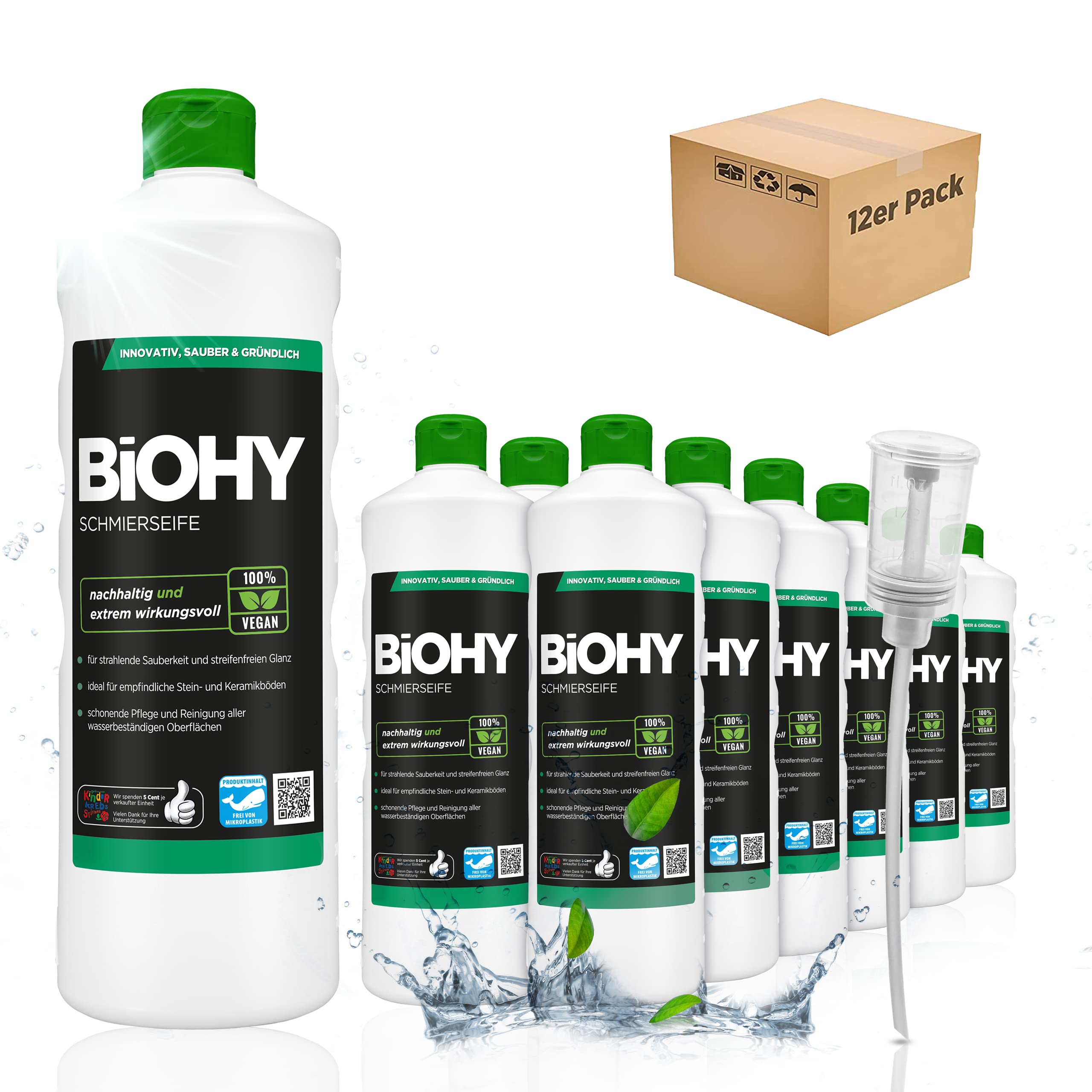 BiOHY Schmierseife (12 x 1 Liter) + Dosierer | Bio Fußbodenreiniger wirkt effektiv gegen Schmutz | rückfettend, flüssig & EXTRA STARK | Fußbodenpflege gegen Blattläuse | ergiebiges Konzentrat