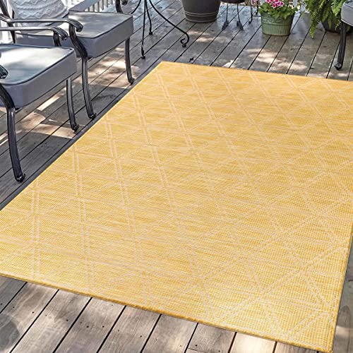 carpet city Outdoor Teppich Terrasse Wetterfest - 150x150 cm Quadratisch - Balkonteppich Gelb - Geometrisches Muster - In-& Outdoor Teppiche für Veranda, Garten, Küche, Bad oder Wohnzimmer