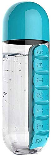 2 in 1 tragbare Wasserflasche mit Pillenbox Organizer 7-Tage-Planerbox Reisemedikamentenkoffer Behälter (600 ml)