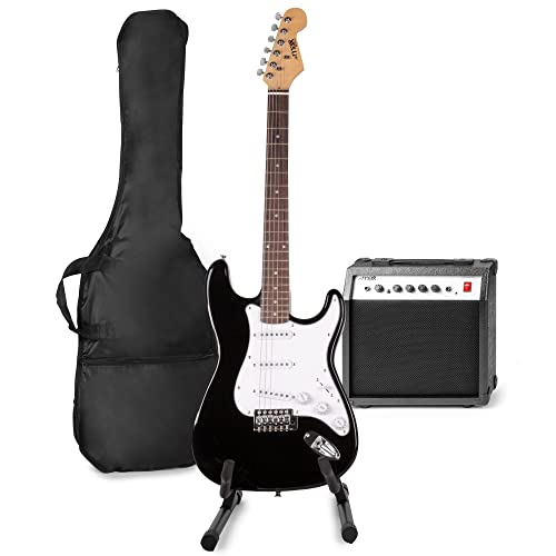 MAX GigKit E-Gitarre Set - Gitarrenverstärker 40 Watt, Gitarrenständer, Gitarrentasche, Gitarren-Stimmgerät, Instrumentenkabel, Gitarrengurt und Zubehör - Schwarz