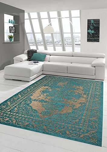 Moderner Teppich Designer Teppich Orientteppich Wohnzimmer Teppich mit Bordüre in Türkis Beige Größe 120x170 cm