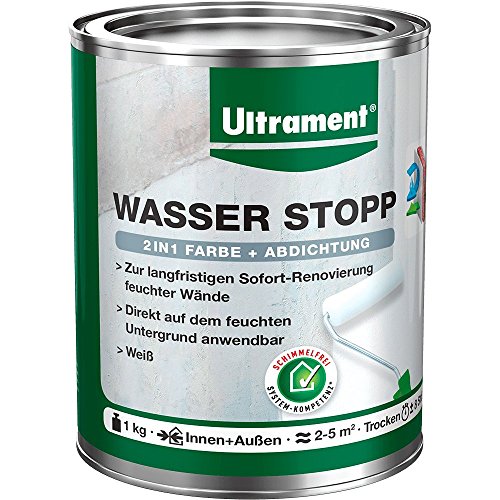 Ultrament Wasser Stopp - 2 in 1 Farbe und Abdichtung 1 Kg - Weiß, Zur langfristigen Sofort-Renovierung feuchter Wände, Gebrauchsfertig