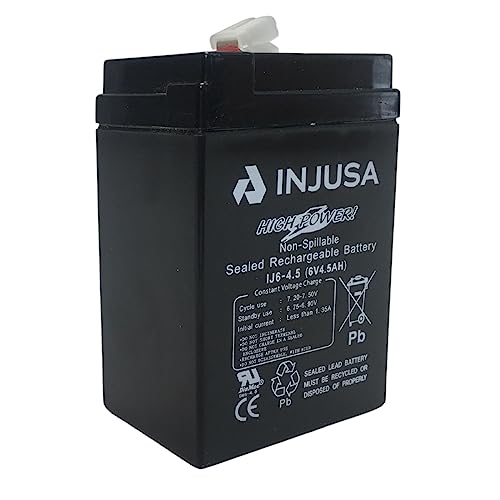 INJUSA 6-Volt- und 4,5-Ah-Blei-Säure-Batterie, kompatibel mit 6-Volt-Elektrofahrzeugen von INJUSA, Motorrädern, Autos und Quads mit 6-Volt-Batterie, mit 60 Minuten Autonomie und 12 Stunden Ladezeit