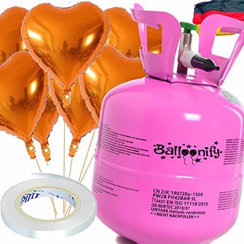 Helium Ballongas + Herz Folienballons + Ballonband | 20er Heliumflasche + Knickventil + 8 Ballonherzen + 10m Band | Luftballon Herzen Geburtstag Party Hochzeit, Edition: Set mit Orangen Herzballons
