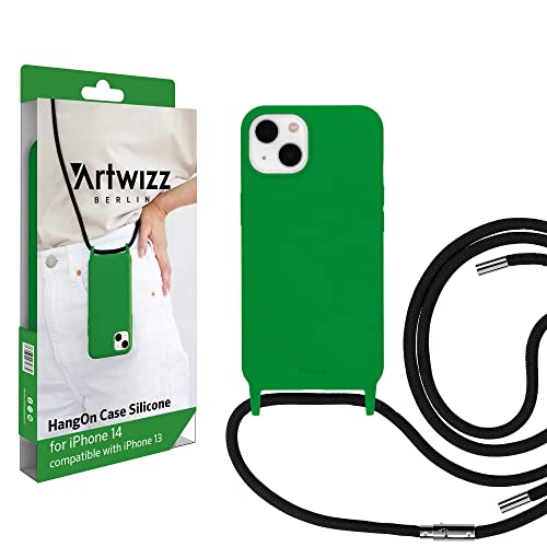 Artwizz HangOn Case kompatibel mit iPhone 14 - Elastische Schutzhülle aus Silikon als Handykette zum Umhängen mit Band - Grass Green