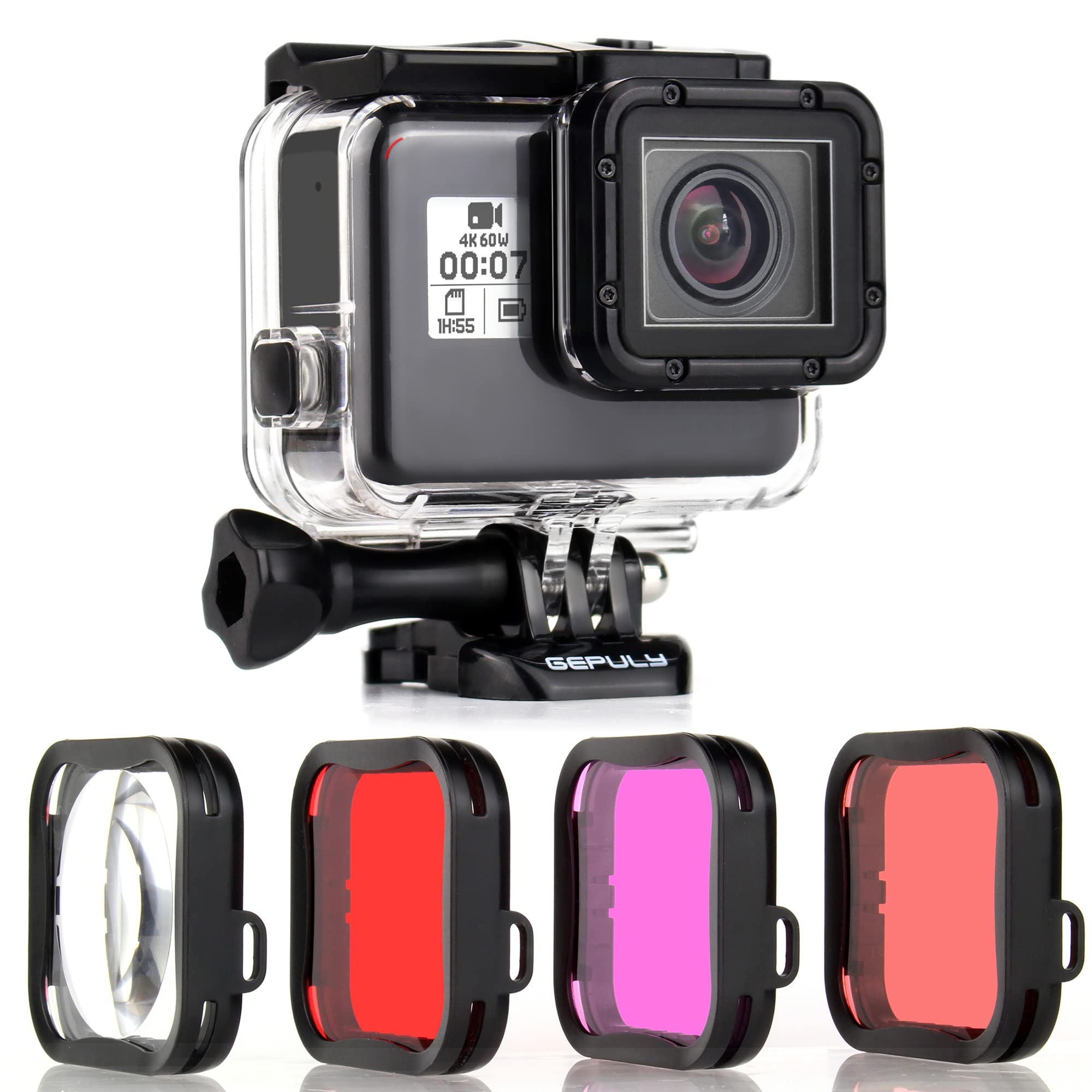 GEPULY Wasserdichtes Gehäuse mit Tauchfiltern für GoPro Hero 5 6 7 Black Hero (2018) Kameras – 45 m Unterwasser-Tauchgehäuse mit Rot/Schnorchel/Magenta/5X HD-Nahaufnahmen