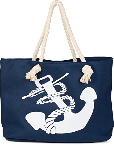 styleBREAKER Strandtasche in Flecht Optik mit Anker Print, Shopper, Badetasche, Damen 02012077, Farbe:Dunkelblau-Weiß