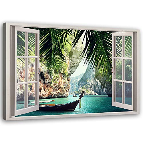Feeby Wanddeko Landschaft Leinwandbild Kunstdruck Fenster-Illusion Grün 60x40 cm