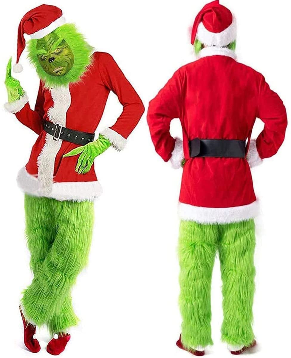 ZLYJ 7Pcs Anzug Weihnachten Erwachsene Grinch Deluxe Santa Kostüm Mit Maske Weihnachten Party Kostüm Ball Cosplay Red,XXL