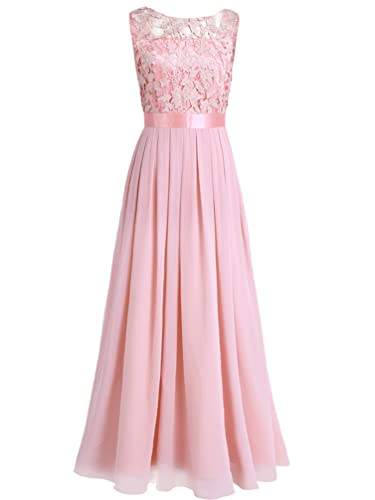 TiaoBug Elegant Chiffon Damen Kleider Lange Brautjungfer Blumenspitze Cocktailkleid Party Festlich Hochzeit Abendkleid Gr. 34-46 Perle rosa 40