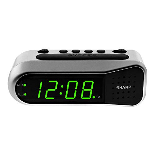 SHARP Digitaler Wecker – aufsteigender Alarm beginnt schwach und wird immer lauter, sanftes Aufwachen, Dual-Alarm – Batterie-Backup, einfach zu bedienen mit einfacher Bedienung (gebürstetes Silber)