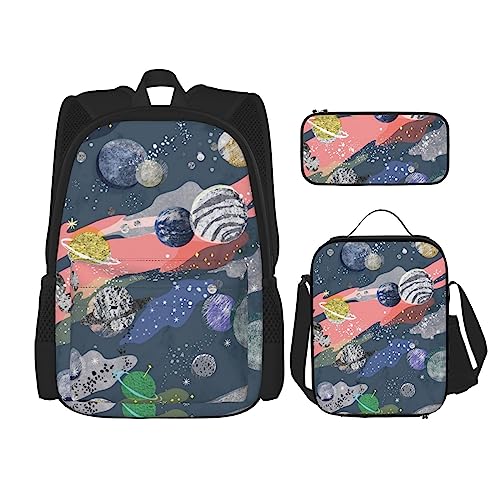 TOMPPY Planet bedruckte Rückentasche, Rucksack-Set, 3-teilig, Schultaschen mit Lunchbox und Federmäppchen, Schwarz , Einheitsgröße, Schulranzen-Set