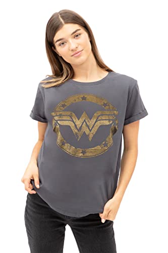 DC Comics Damen Wonder Woman Metallic Logo T Shirt, Grau (Charcoal Cha), 40 EU