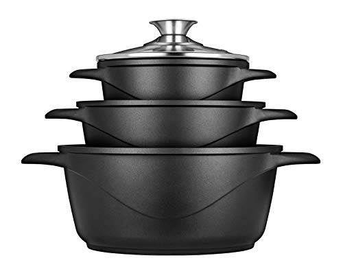 Smile MGK-18 6 Piece Cast Aluminium Induction Cookware Set with 3 Saucepans, Tempered Glass Lid, Non-Stick Coating, Suitable for All Hobs, PFOA Free