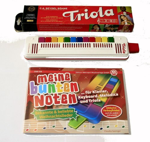 TRIOLA 12 Blasharmonika mit farbigen Tasten für Kinder im Set mit dem Triola-Liederbuch MEINE BUNTEN NOTEN mit über 27 Weihnachtsliedern