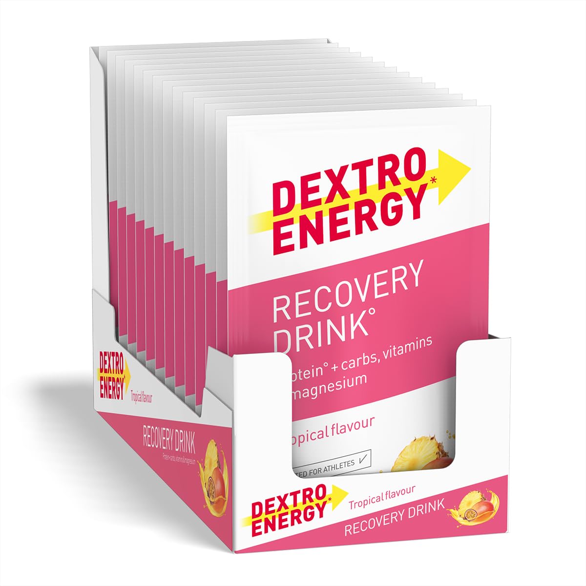 DEXTRO ENERGY RECOVERY DRINK TROPICAL - 14x44,5g (14 Stück), Elektrolyt Pulver mit Magnesium, Vitamin E, C, B1, B2, B3, B6, B12, Folsäure, Pantothensäure, 3:1 Kohlenhydrat Protein Mix, Regeneration